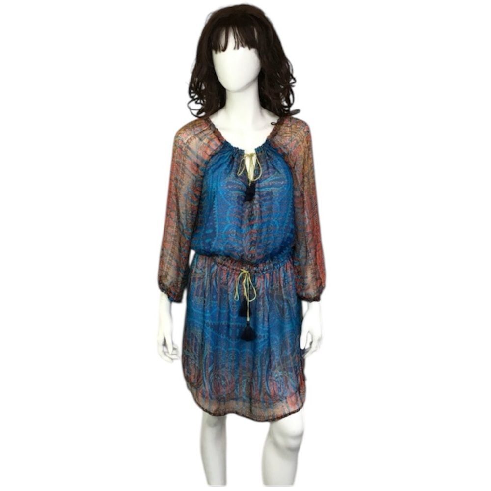 Gypsy 05 Blue Multicolor Paisley Print 100% Silk Tie Neck Popover Mini Dress L